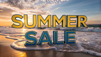 3D 'summer sale' with bold yellow text and blue outline over sunset ocean waves on a beach background.

