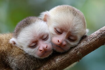 Fototapeta premium Two Sleeping Monkeys Resting Together on a Tree Branch