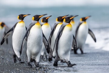 Obraz premium Group of King Penguins Walking Along the Shoreline at Sunrise