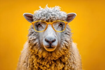 Sheep with Glasses on Bright Yellow Background for Fun Concept