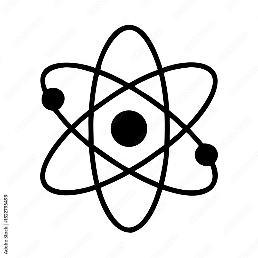 Poster atom symbol with circular paths and electrons in black outline