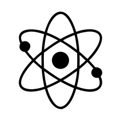 Atom symbol with circular paths and electrons in black outline  