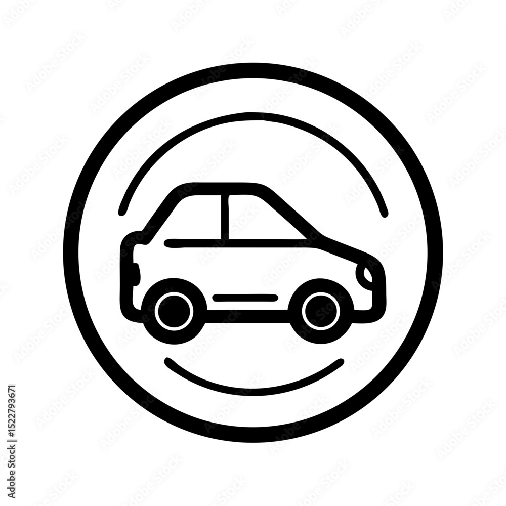Poster car icon in circular design with line art style