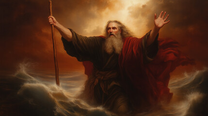 Biblical Representation of Moses Parting the Red Sea Amidst Waves