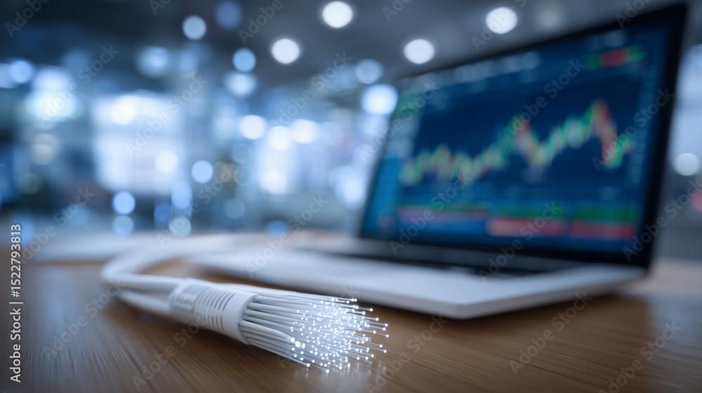 Poster fiber optic cable threads from white router nestled neatly on timber table, digital blur of workstat