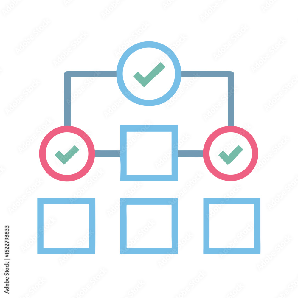 Poster flowchart diagram with checkmarks in blue and pink colors