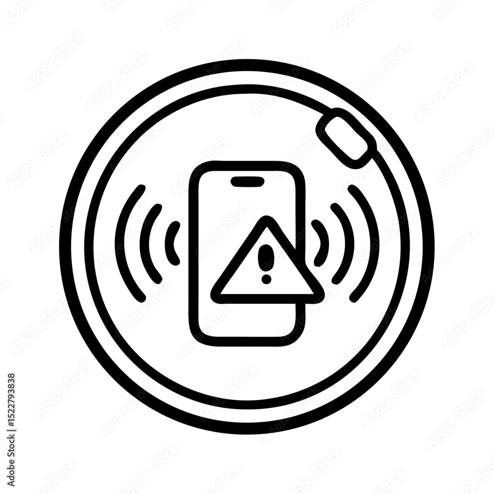 Poster smartphone with warning symbol inside circular outline design