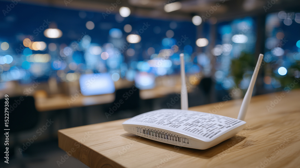 Aufkleber fiber optic cable threads from white router nestled neatly on timber table, digital blur of workstat