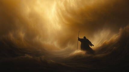 Powerful Biblical Scene of Moses Parting the Red Sea at Sunset