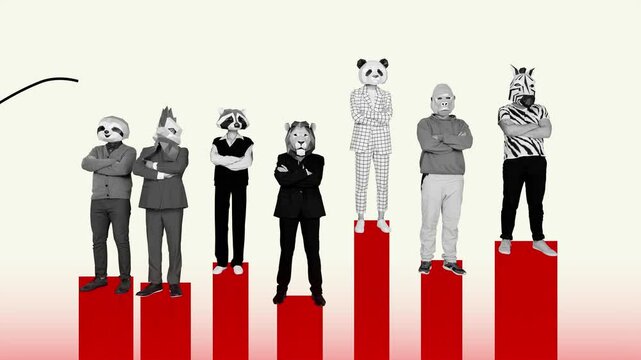 3d motion trend collage video of business partners animal mask chart progress