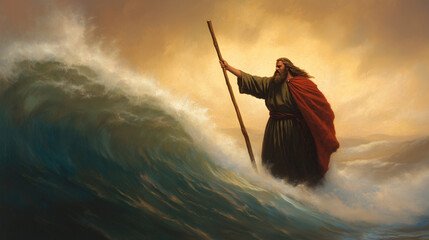 Biblical Scene With Moses Parting the Red Sea, Leading a Miraculous Passage