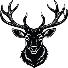 Black and White Deer Head Illustration, Majestic Stag with Antlers, Detailed Wildlife Vector, Animal Design