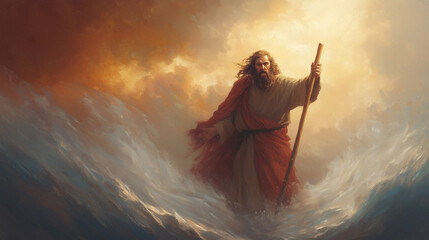 Biblical Artwork of Moses Parting the Red Sea With a Powerful Staff
