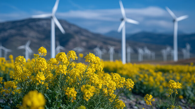 Bright yellow canola flowers fill the foreground, contrasting with modern solar tech and soaring wind turbines, illustrating harmony between environment and innovation
