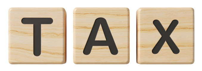 Wooden blocks spelling tax with natural texture and black letters on transparency background