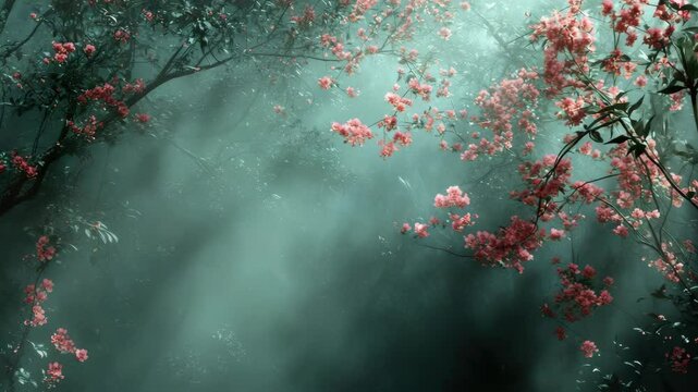 A dark forest with pink flowers in the fore