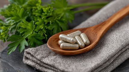 Natural health composition with wooden spoon filled with capsules, fresh green herb sprigs, linen napkin background