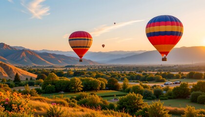 Obraz premium hot air balloons drifting over green valley with mountains in background, sunrise light, calm mood
