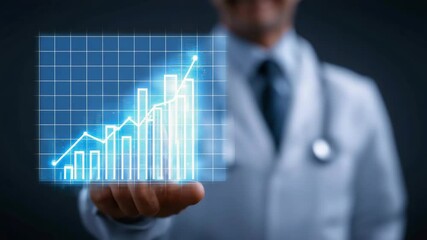 A doctor in a lab coat interacts with a virtual graph showing upward growth and data analysis. - Powered by Adobe