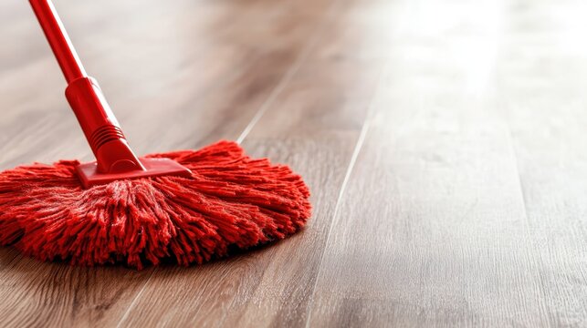 A vibrant red mop resting on a polished wooden floor, symbolizing cleanliness and the satisfaction derived from personal space maintenance in a light-filled environment.