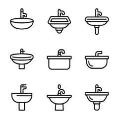 Sink Icon Set for Plumbing. Various Bathroom Sink Designs in Outline Style

