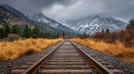 Fototapeta premium A train track with a mountain in the background