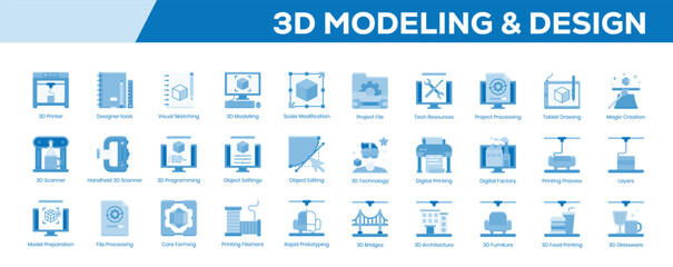 3D Modeling & Design Icon Set – Flat Blue Tone Symbols