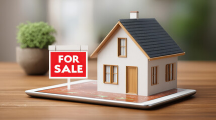 3D printed house model with red FOR SALE sign is displayed on digital tablet, symbolizing modern real estate technology and online property listings