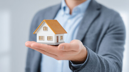 Businessman holding miniature house in his hand, symbolizing real estate, property investment, or homeownership. image conveys trust, security, and financial planning