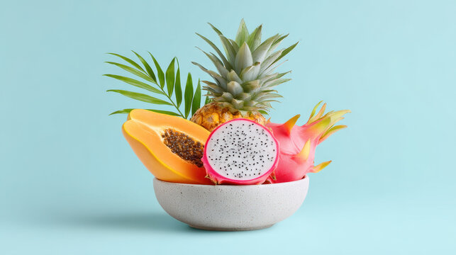 Vibrant tropical fruit bowl featuring fresh pineapple, sliced papaya, and halved dragon fruit, complemented by green palm leaf, set against pastel blue background