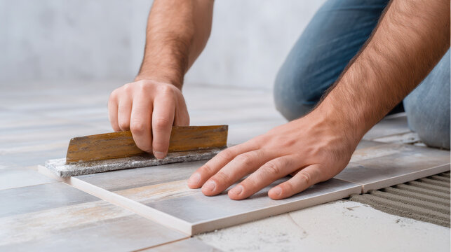Builder hands carefully installing ceramic tiles on floor, using trowel to spread adhesive for precise placement. scene highlights craftsmanship and attention to detail