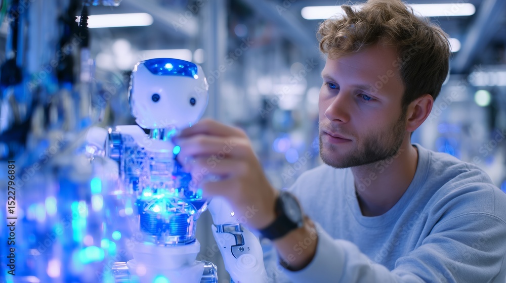 Aufkleber engaging in robot assembly at a technology workshop with glowing led components in a modern facility