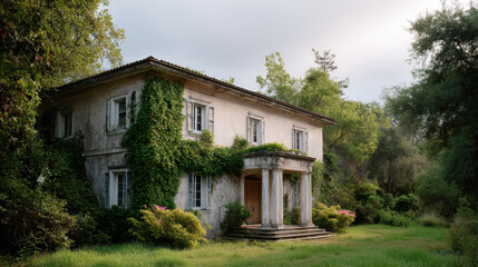 Colonial style mansion surrounded by overgrown greenery, featuring ivy covered walls, large windows, and grand entrance with columns, exuding serene and timeless charm