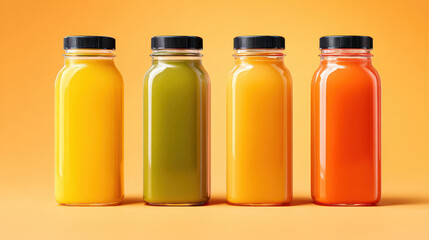 Lineup of four colorful cold pressed juice bottles with black caps, featuring vibrant yellow, green, orange, and red hues, placed against gradient orange background