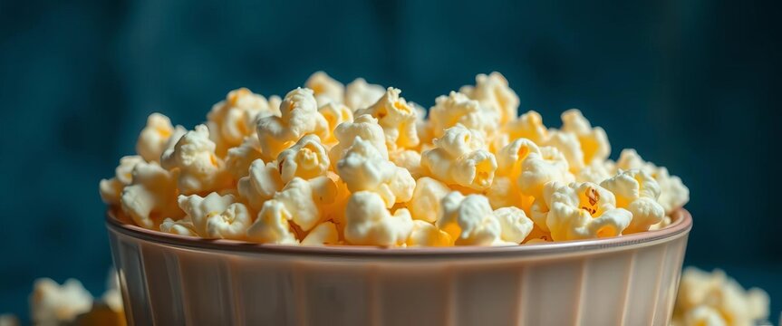 A bowl of fluffy, golden salted popcorn, kernels glistening,  buttery,   buttery popcorn