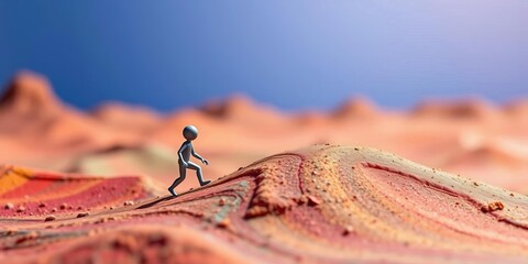 Adaptable tiny figure navigating a shifting landscape, adjusting course,  management,  solution