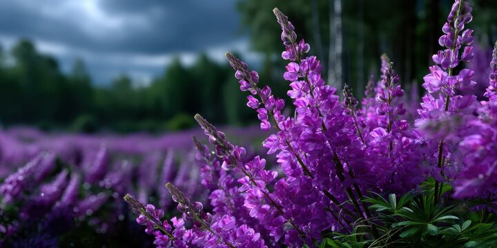 Beautiful purple flowers bloom in a lush field under a dramatic sky during early evening hours in springtime