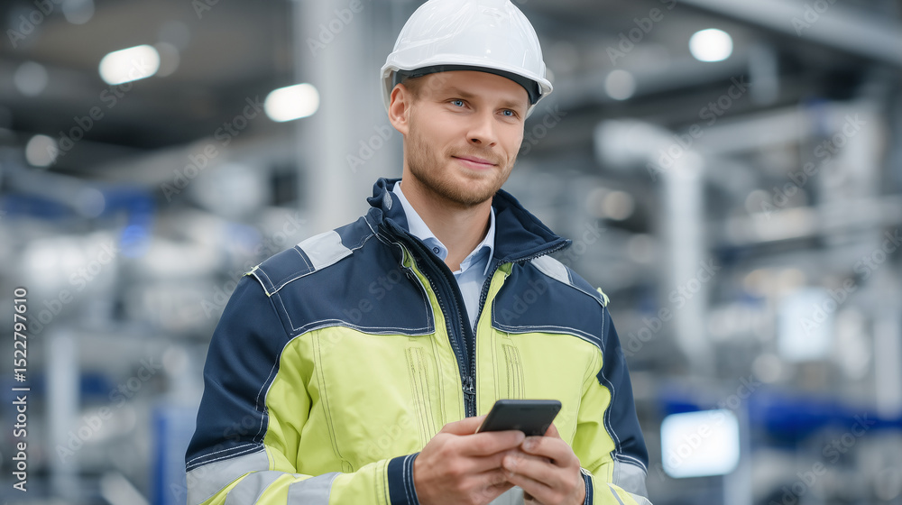Poster engineering technician with a handheld device, running diagnostics on a smart piping system with fib