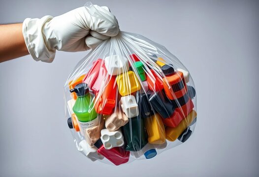 A gloved hand holds a overflowing plastic bag of household garbage,  overflowing,  waste reduction