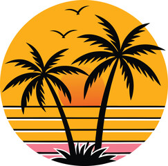 Sunset scene featuring silhouetted palm trees and birds in an orange circle summer theme