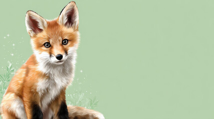 Obraz premium Baby fox sitting calmly on pastel green background, surrounded by soft sparkles and subtle foliage, creating serene and charming atmosphere