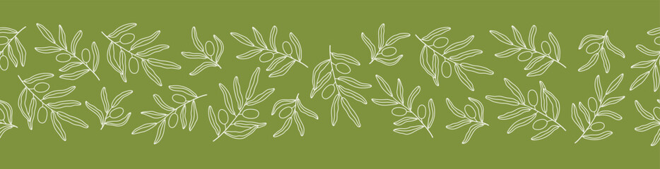 Seamless border with hand drawn outline white olive branches on green background. Modern botanical print for fabric, cover, card, flyer