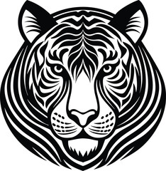 Black and White Tiger Head Illustration, Fierce Tiger Face Vector, Detailed Tiger Design, Wild Animal Artwork