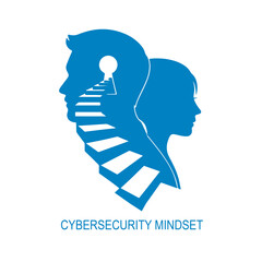 illustration of into the mind of CISO, CIO, CTO, COO or Head of Cybersecurity. Steps walk into key hole of mindset. Cybersecurity concept for leadership.