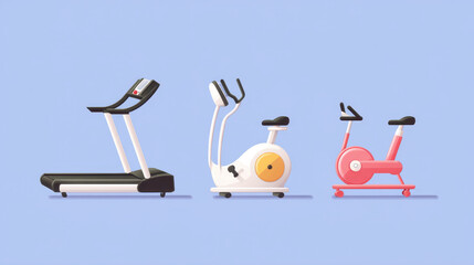 Treadmill, elliptical machine, and exercise bike illustration on light blue background, showcasing modern gym equipment for fitness and cardio workouts