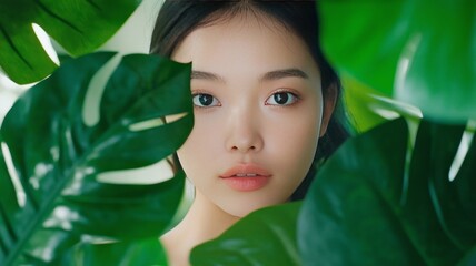 Natural beauty framed by large tropical leaves in lush green setting