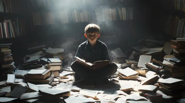 A young boy sitting in a pile of books