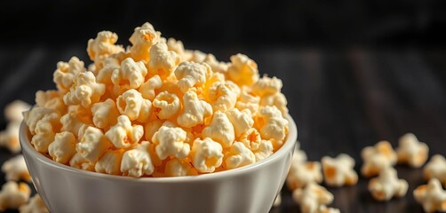 Bowl of fluffy, golden salted popcorn kernels,  background,   fun