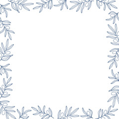 Square frame with hand drawn outline blue olive branches. Mediterranean theme border design