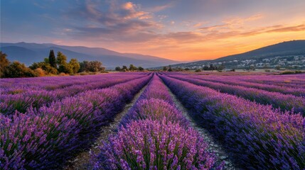 Obraz premium Lavender fields stretch toward mountains at sunset